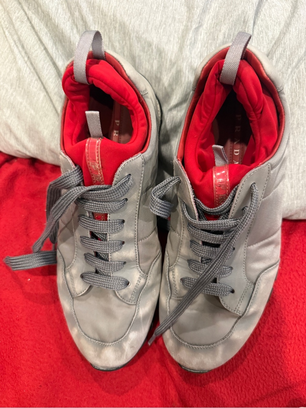 Prada Gray Sneakers with Red Interior Accents